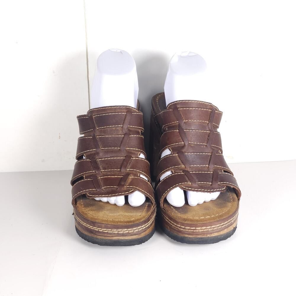 Bongo Women's Vintage 90s Y2K US10 Brown Leather Wooden Chunky Platform Sandals - Picture 3 of 16